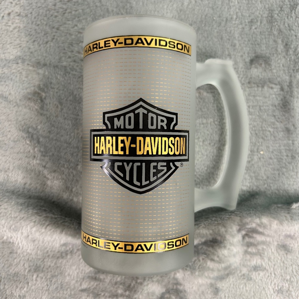 Harley-Davidson Frosted Glass Beer Mug 1958 Duo Glide Motorcycle Stein Barware